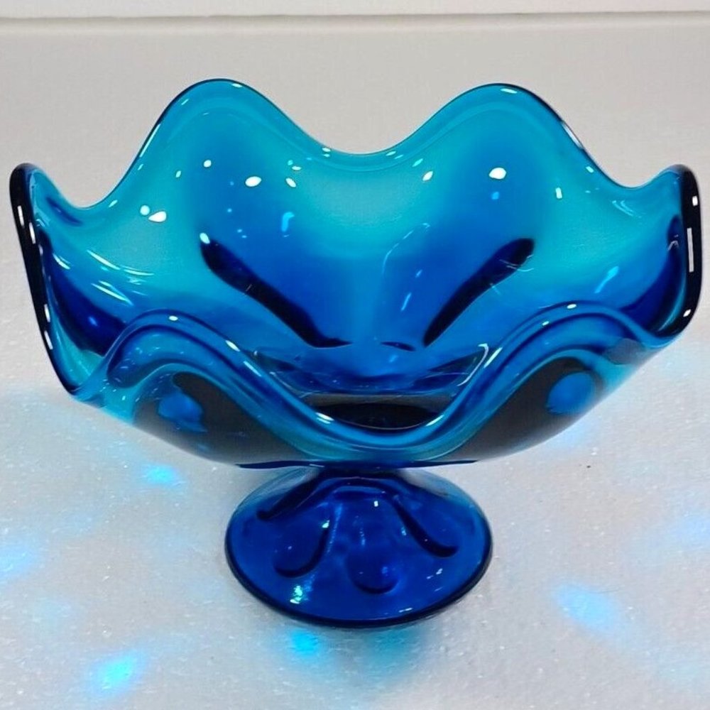 Vtg Mid-Century  Viking 6 Petal HTF Epic Electric Blue Glass Compote Dish MCM